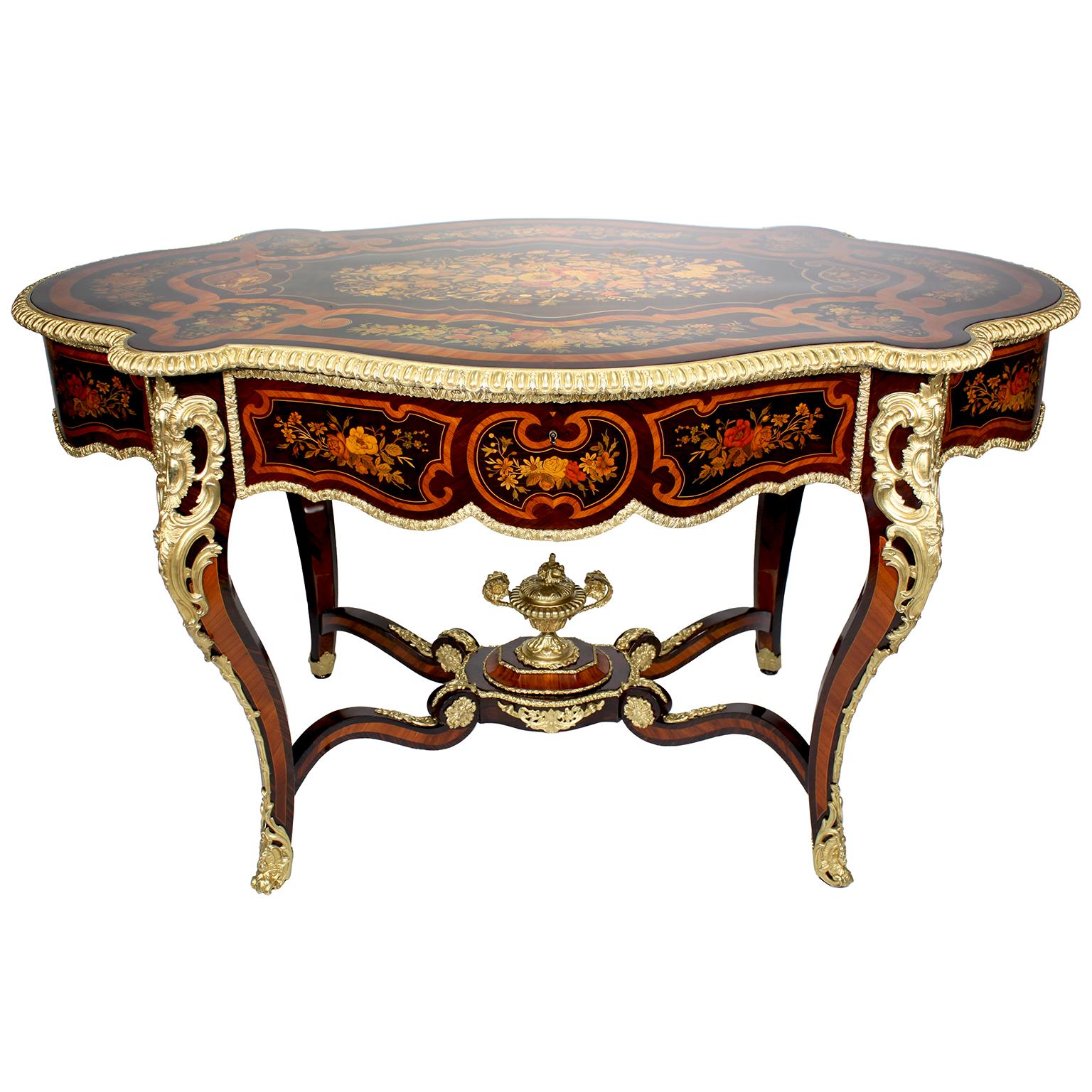 French 19th Century Louis XV Style Gilt-Bronze Mounted Marquetry Center Table In Good Condition For Sale In Los Angeles, CA