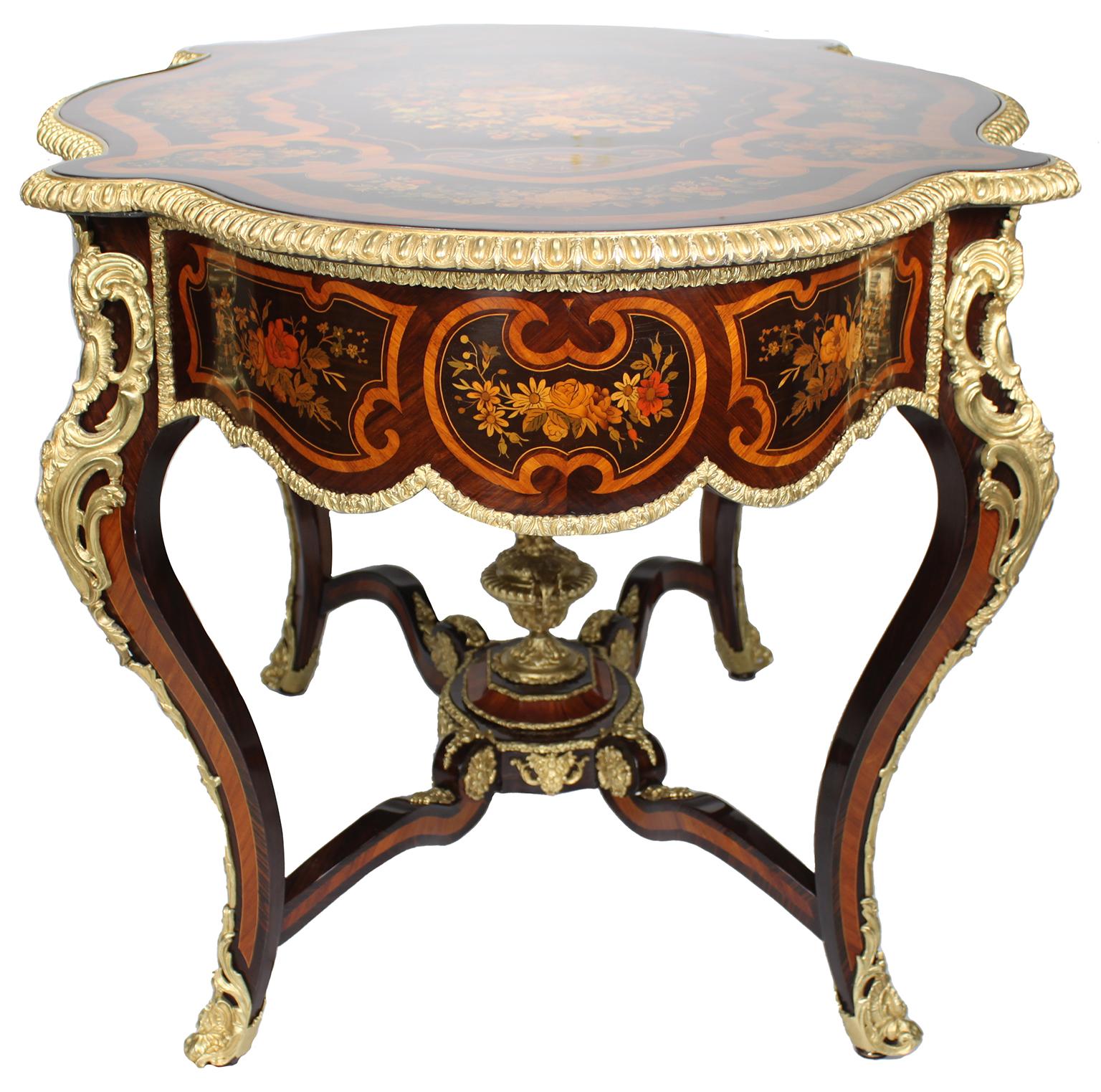 French 19th Century Louis XV Style Gilt-Bronze Mounted Marquetry Center Table For Sale 6