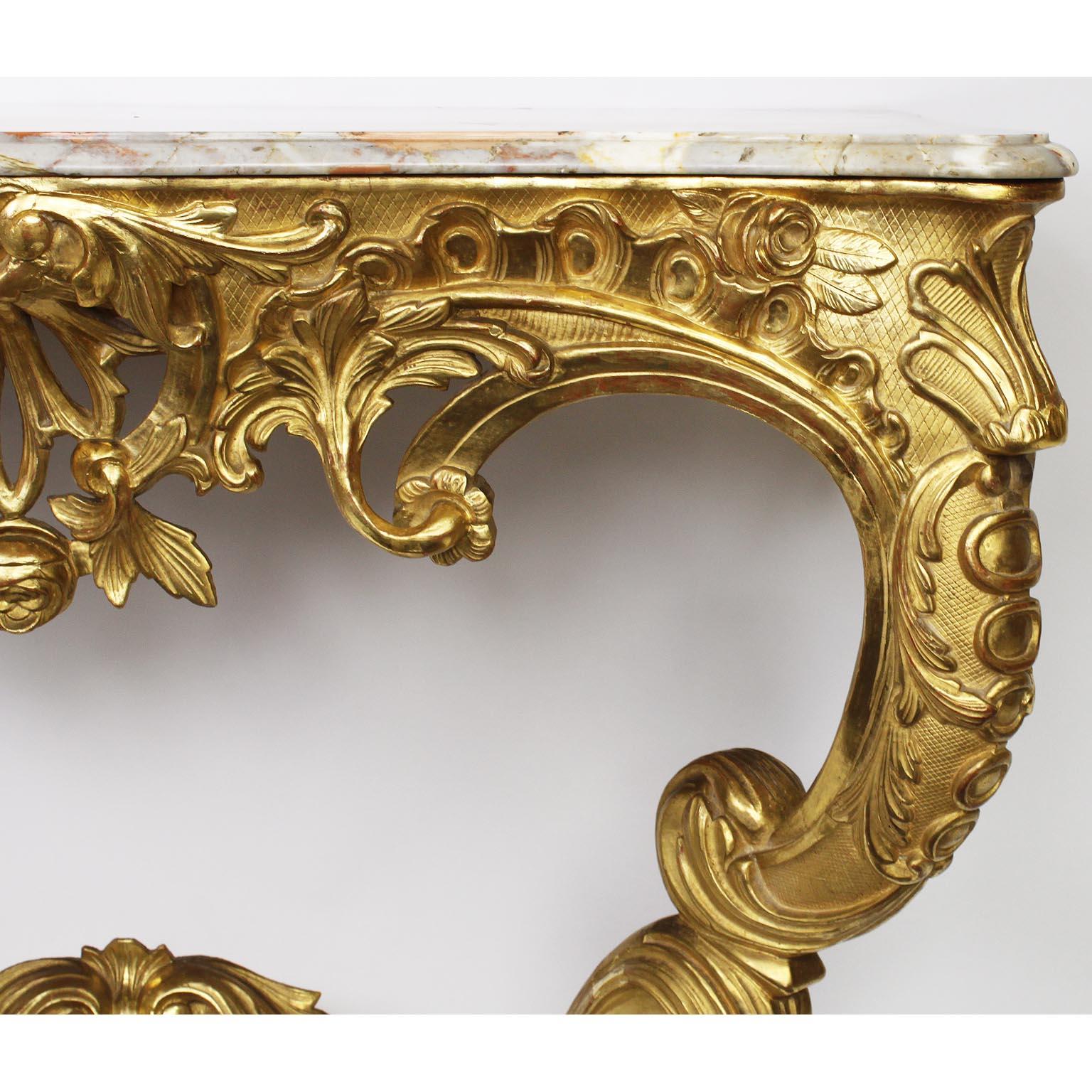 Marble French 19th Century Louis XV Style Giltwood Carved Wall Mounting Console Table For Sale