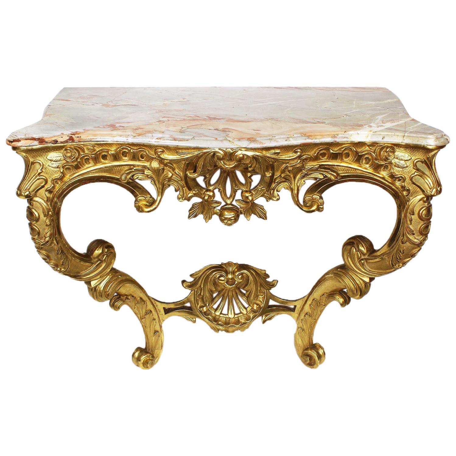 Table console murale de style Louis XV du 19ème siècle en bois doré sculpté