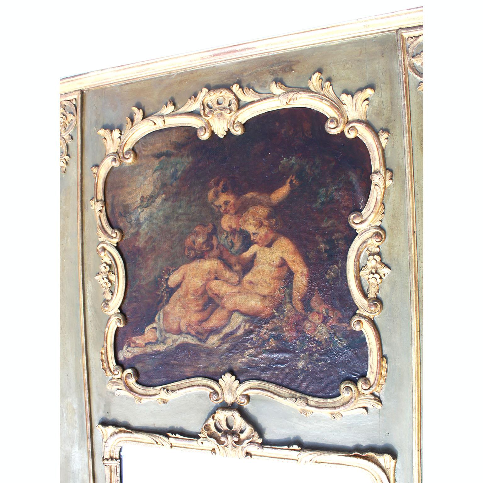 A French 19th Century Louis XV Style Parcel Gilt-Wood Carved Wood Trumeau Mirror In Fair Condition For Sale In Los Angeles, CA