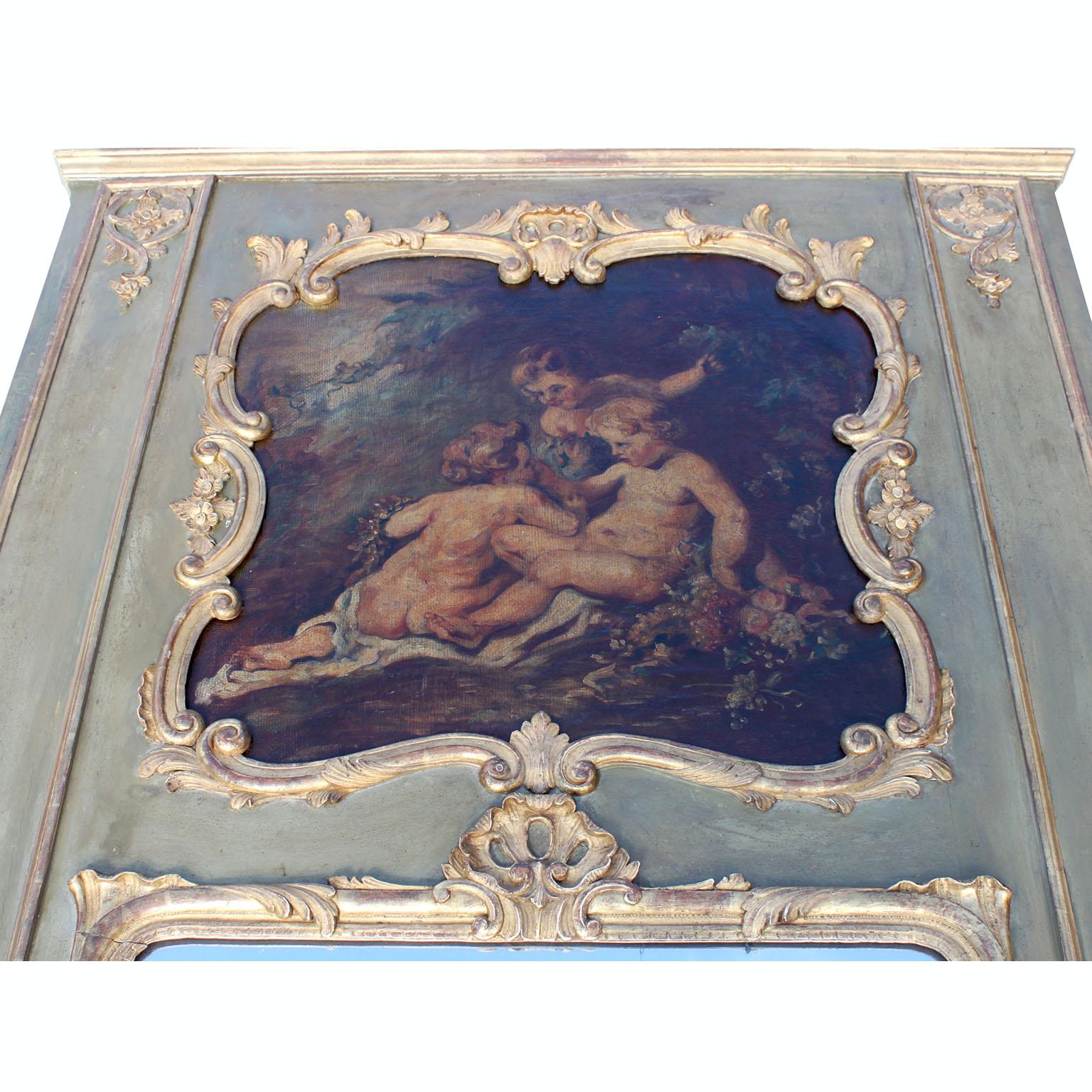 Canvas A French 19th Century Louis XV Style Parcel Gilt-Wood Carved Wood Trumeau Mirror For Sale