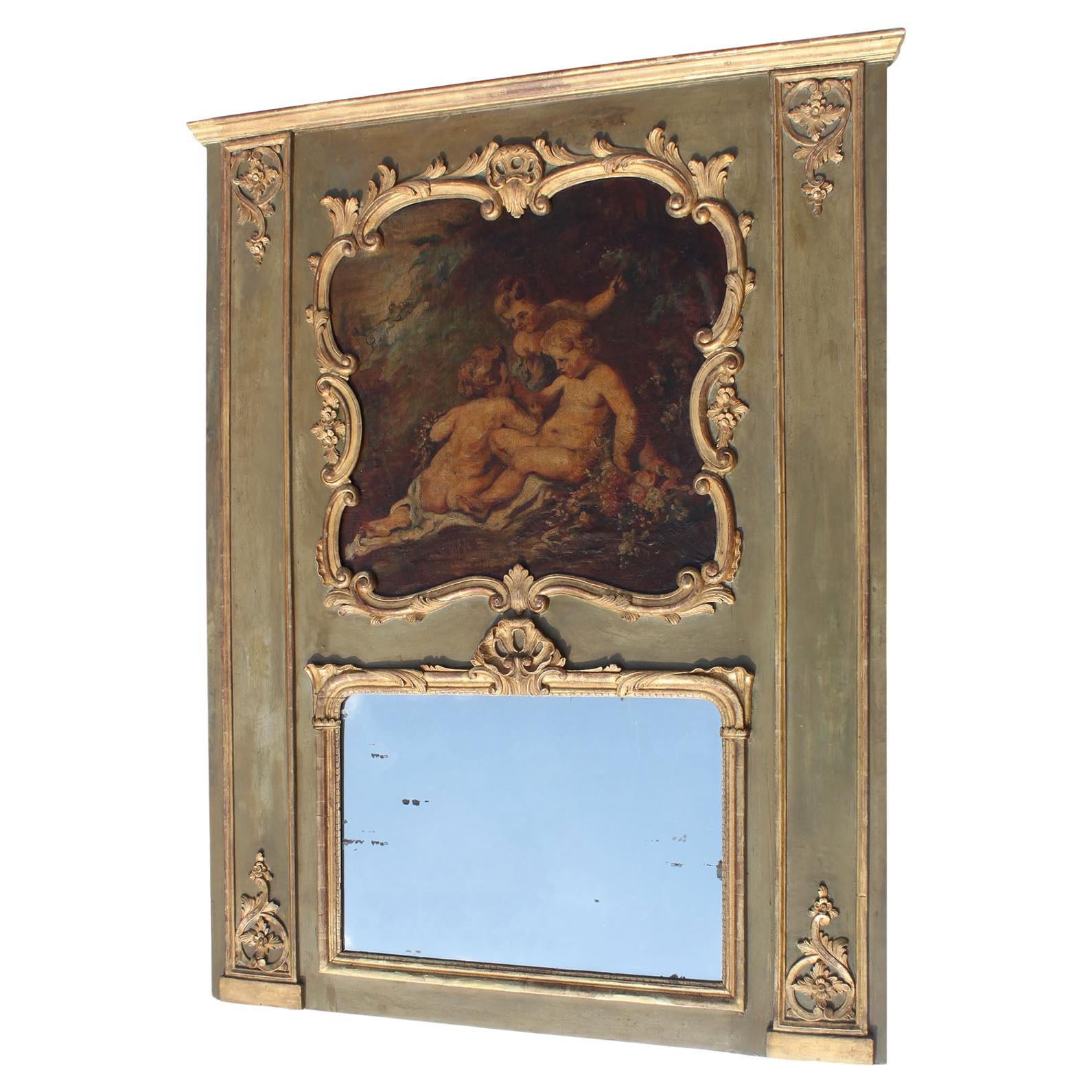 A French 19th Century Louis XV Style Parcel Gilt-Wood Carved Wood Trumeau Mirror For Sale