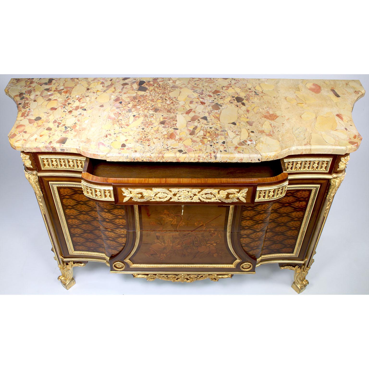 French 19th Century Louis XV-XVI Ormolu Mounted Marquetry Commode Marble Top For Sale 11
