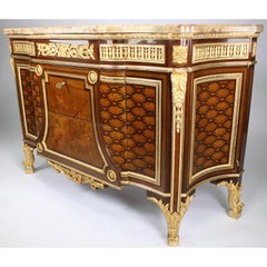 French 19th Century Louis XV-XVI Ormolu Mounted Marquetry Commode Marble Top