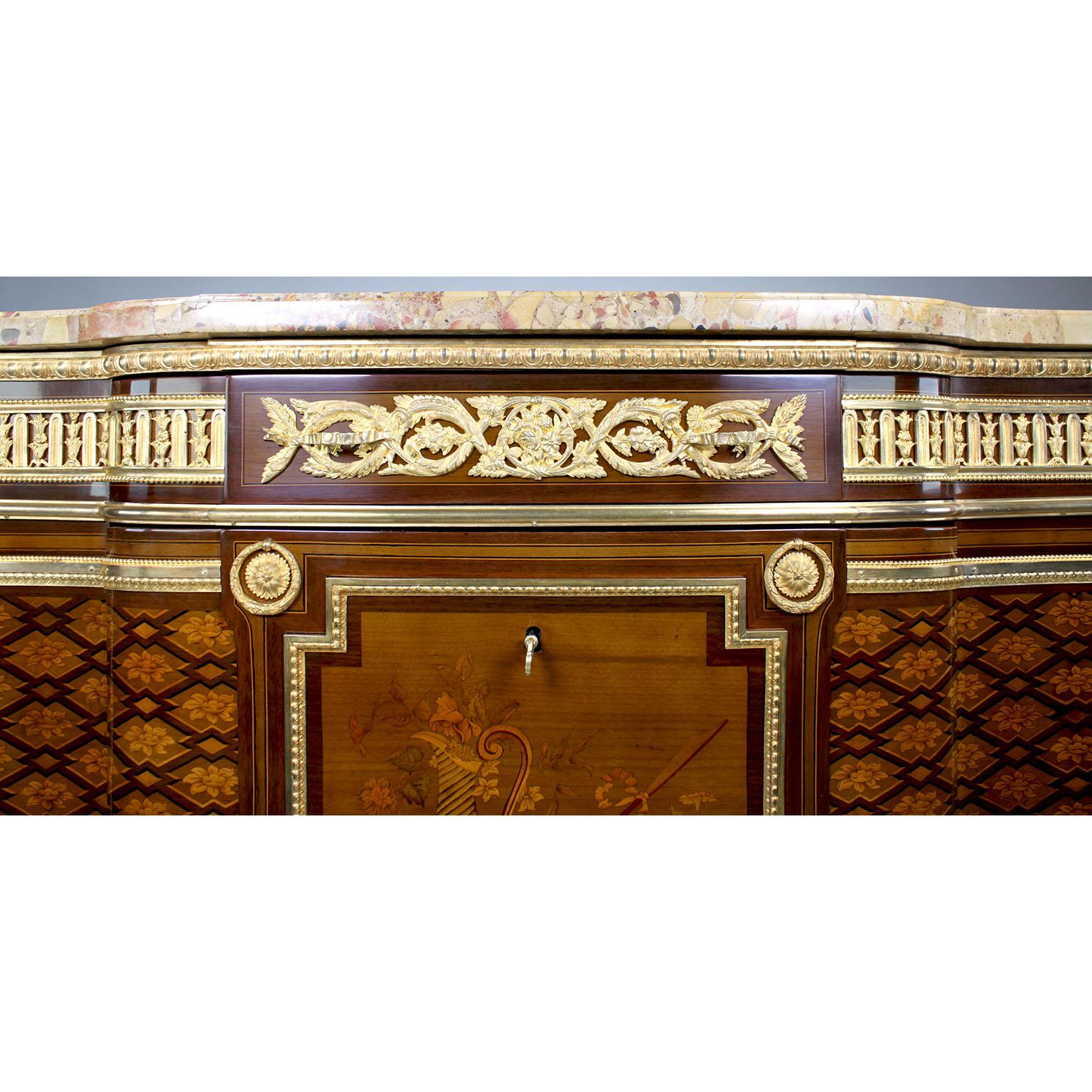 Bronze French 19th Century Louis XV-XVI Ormolu Mounted Marquetry Commode Marble Top For Sale