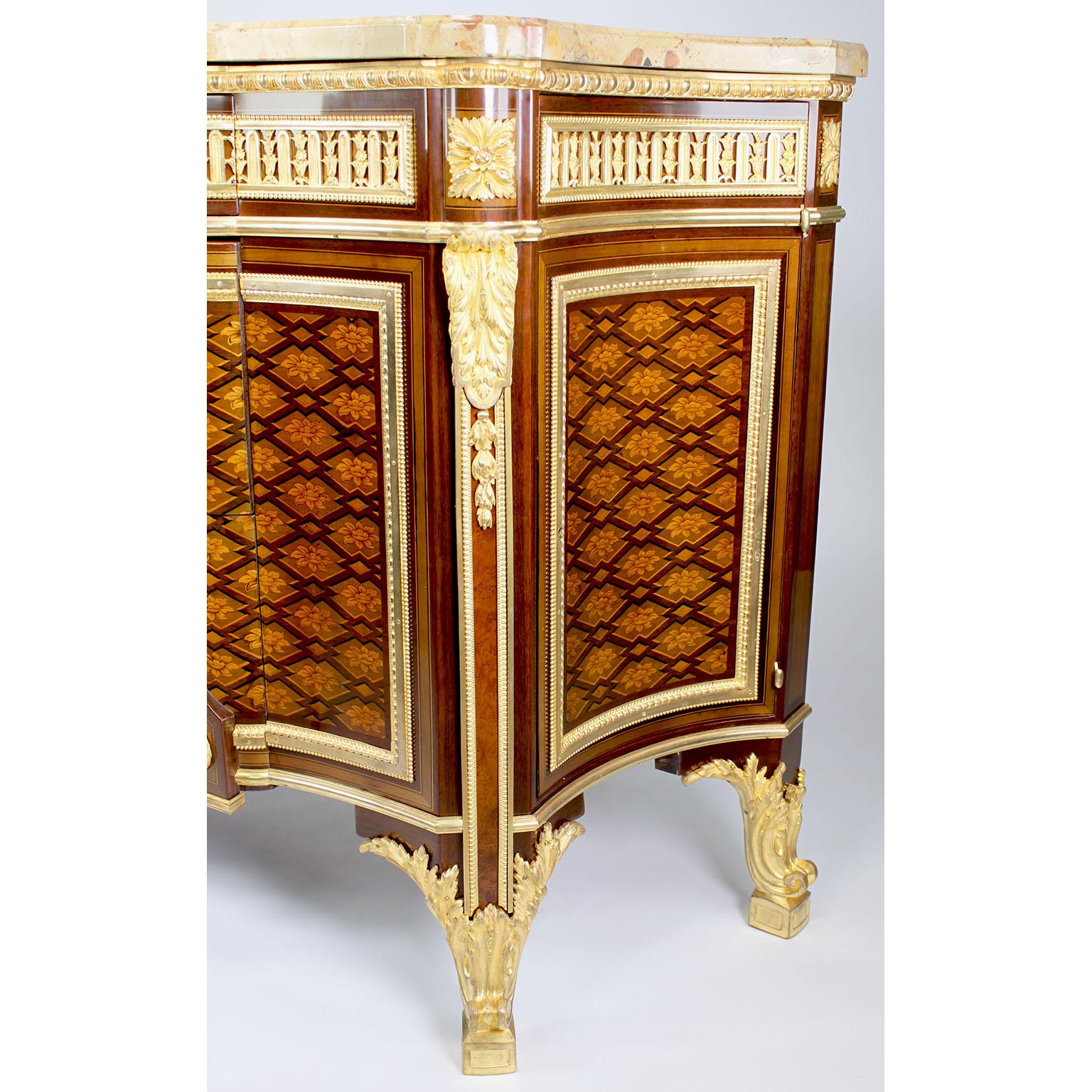 French 19th Century Louis XV-XVI Ormolu Mounted Marquetry Commode Marble Top For Sale 3