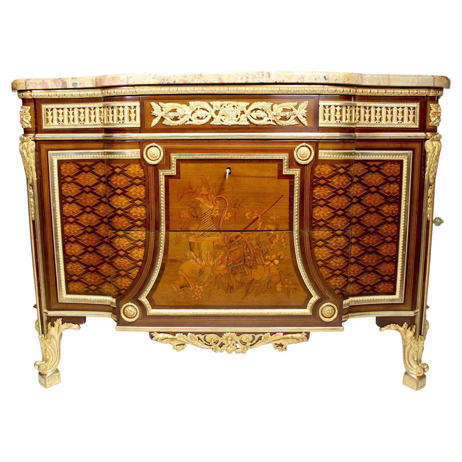 French 19th Century Louis XV-XVI Ormolu Mounted Marquetry Commode Marble Top
