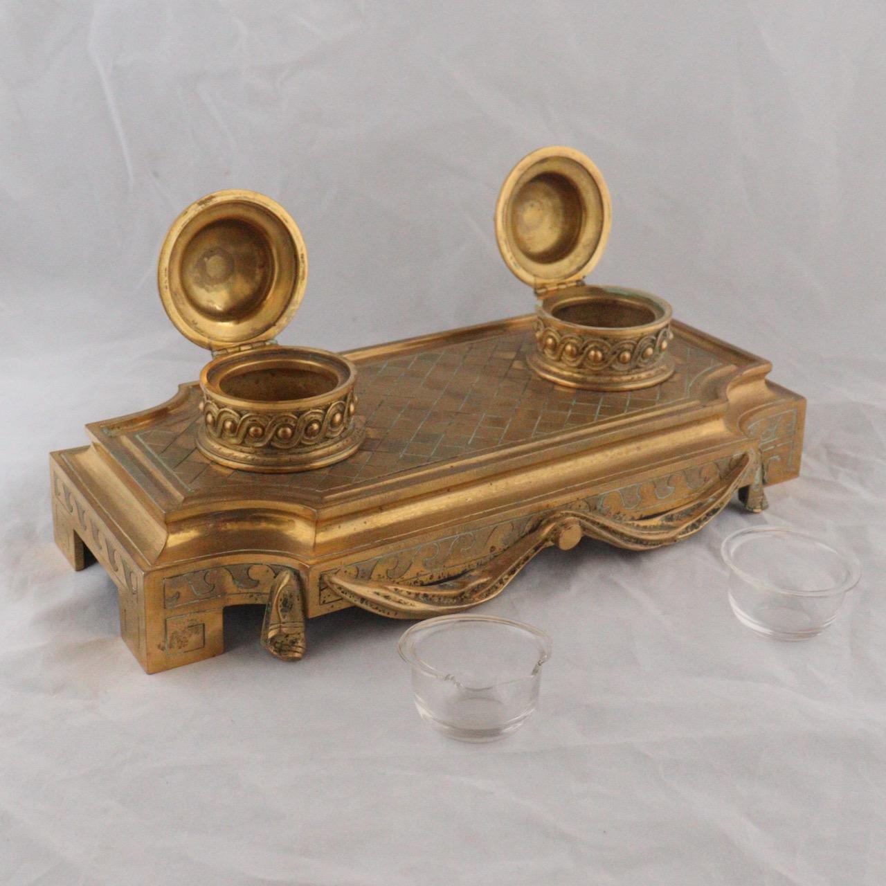 French 19th Century Louis XVI Greek Style Ormolu Inkwell Boin-Taburet Paris 1