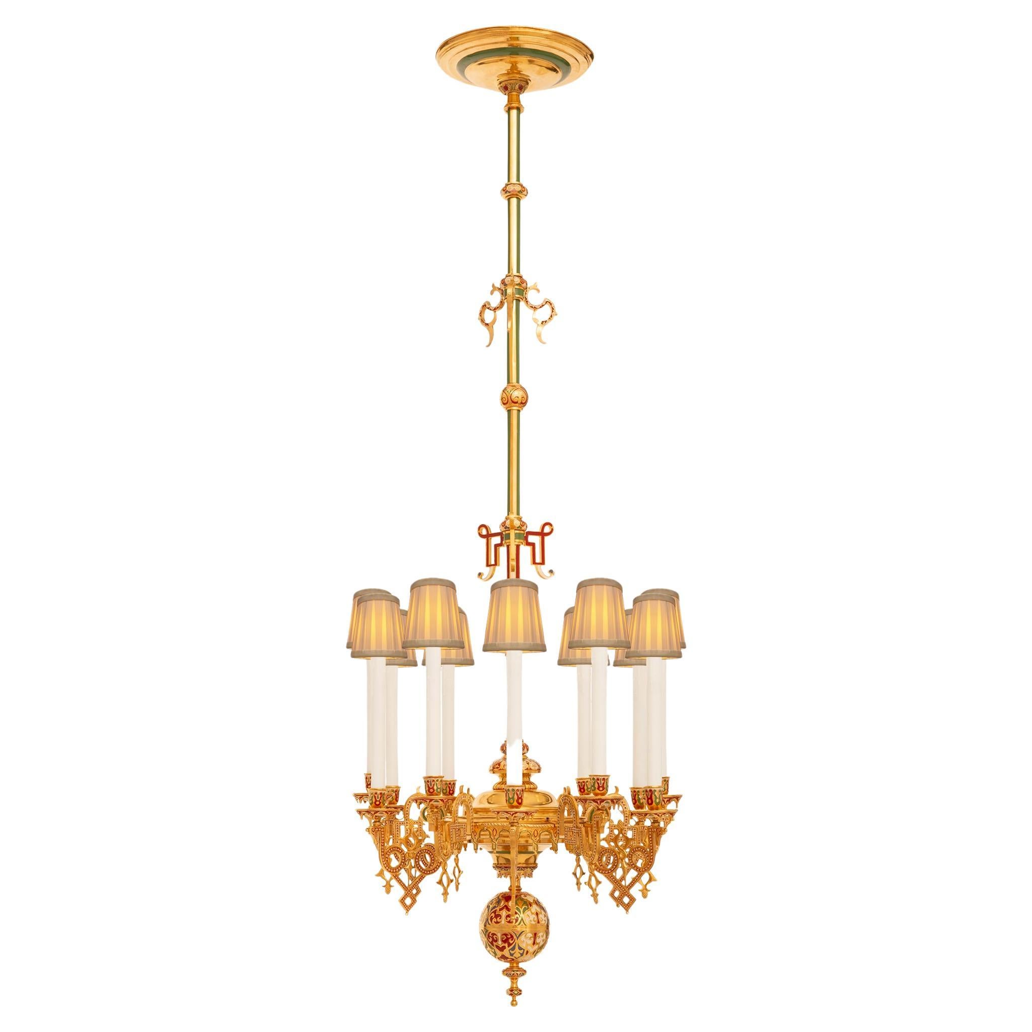 Lampadario francese in bronzo smaltato Ormolu Champlevé del XIX secolo Luigi XVI st
