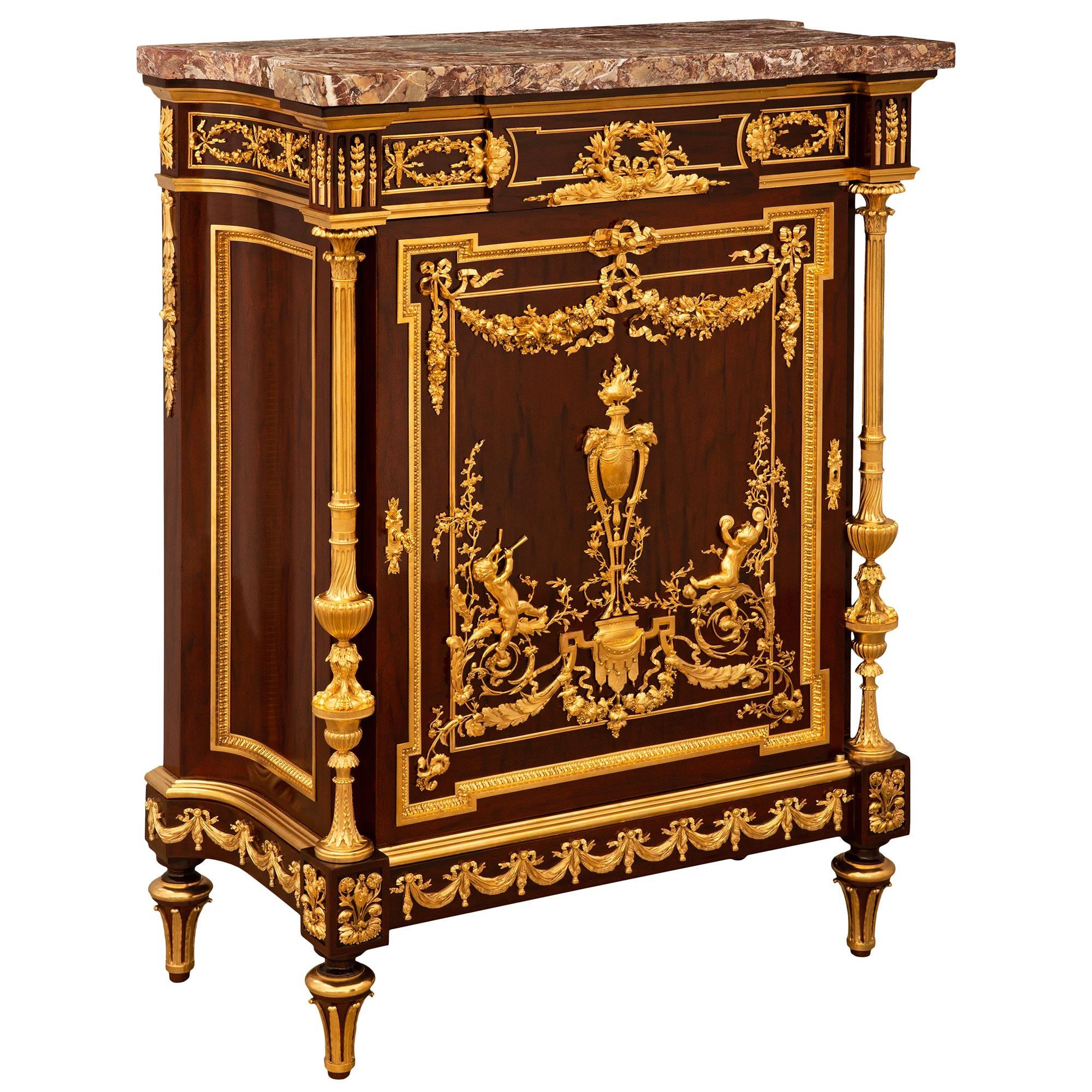 A French 19th century Louis XVI st. Ormolu Mahogany Rosso Levanto marble cabinet In Good Condition For Sale In West Palm Beach, FL