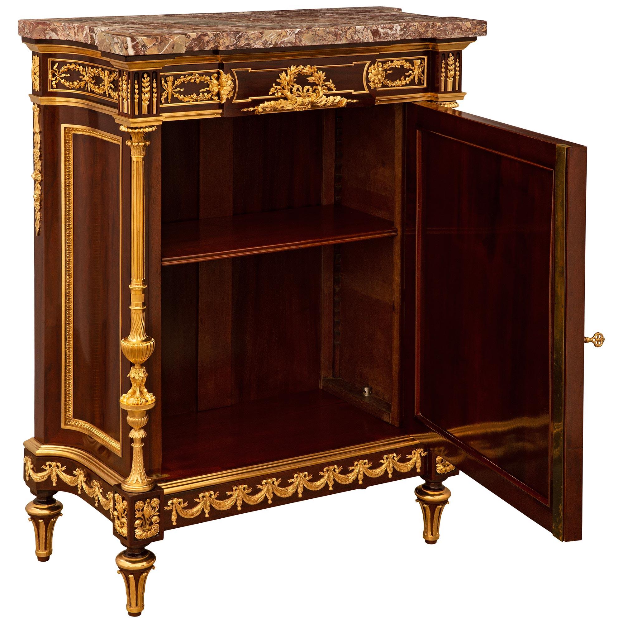 19th Century A French 19th century Louis XVI st Ormolu Mahogany Rosso Levanto marble cabinet For Sale