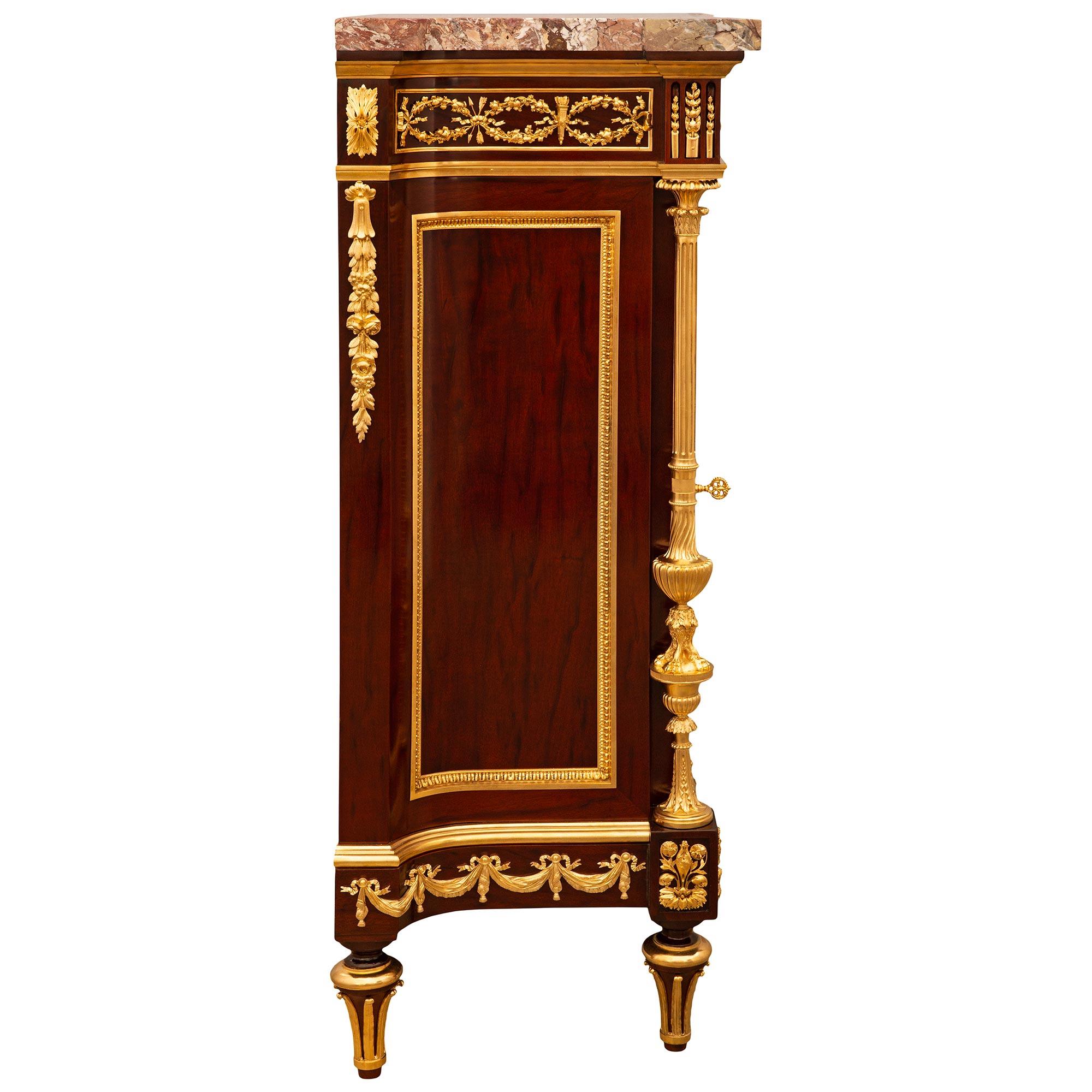 A French 19th century Louis XVI st Ormolu Mahogany Rosso Levanto marble cabinet For Sale 1
