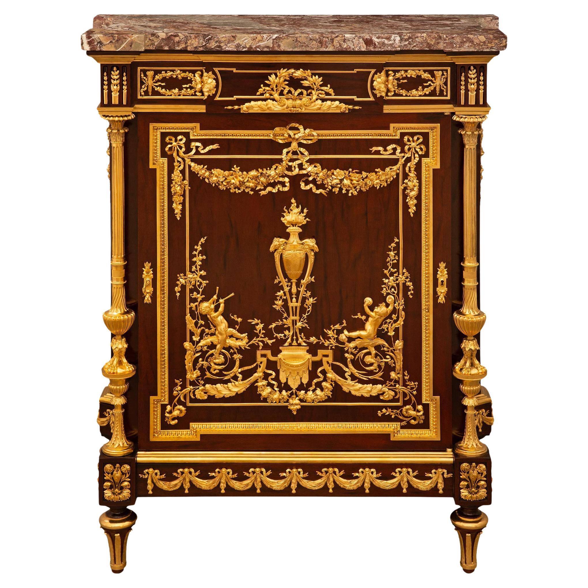 A French 19th century Louis XVI st Ormolu Mahogany Rosso Levanto marble cabinet For Sale