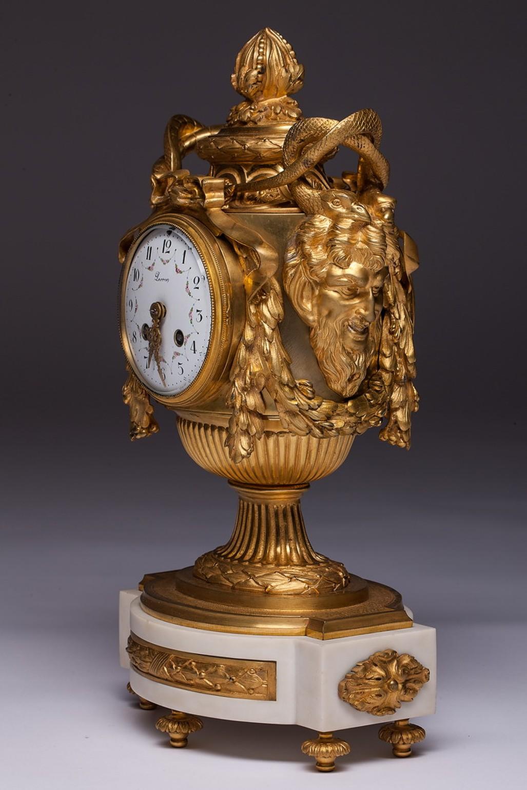 Gilt French 19th Century Louis XVI Style Clock Signed Lerron For Sale