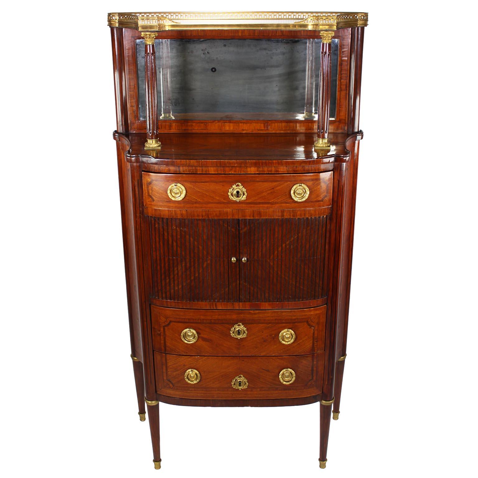 A Fine French 19th Century Louis XVI Style Gilt-Bronze Mounted Meuble d'Appui Cabinet with Marble Top. The serpentine walnut and satinwood body with three front drawers and a rolled paneled door, with gilt-bronze ring-pull-handles and keyhole