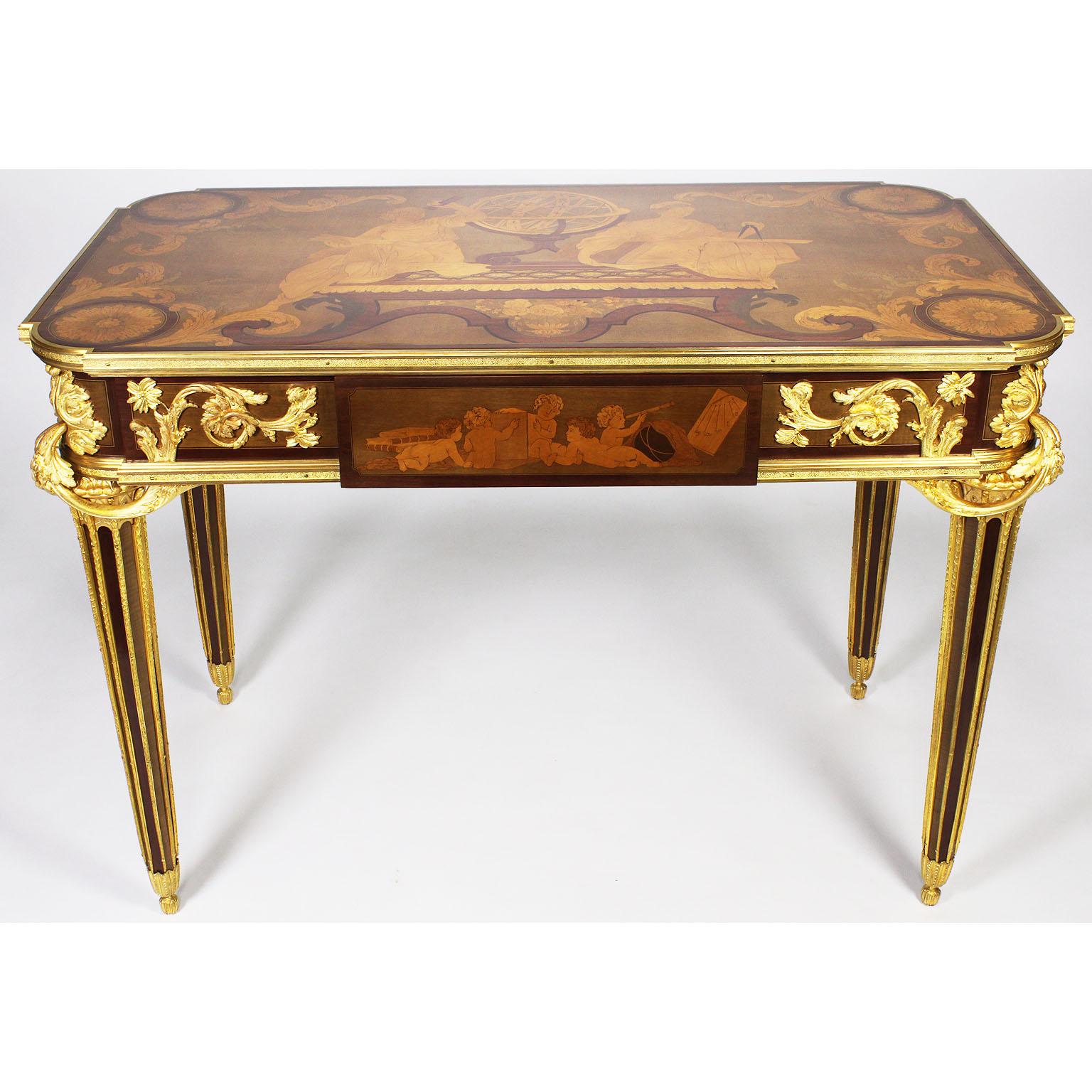 A very fine French 19th century Louis XVI style ormolu-mounted Kingwood and Bois Citronnier Marquetry center table or writing table, attributed to Alfred Emmanuel Louis Beurdeley (French, 1847-1919), after the model by Jean-Henri Riesener (French,