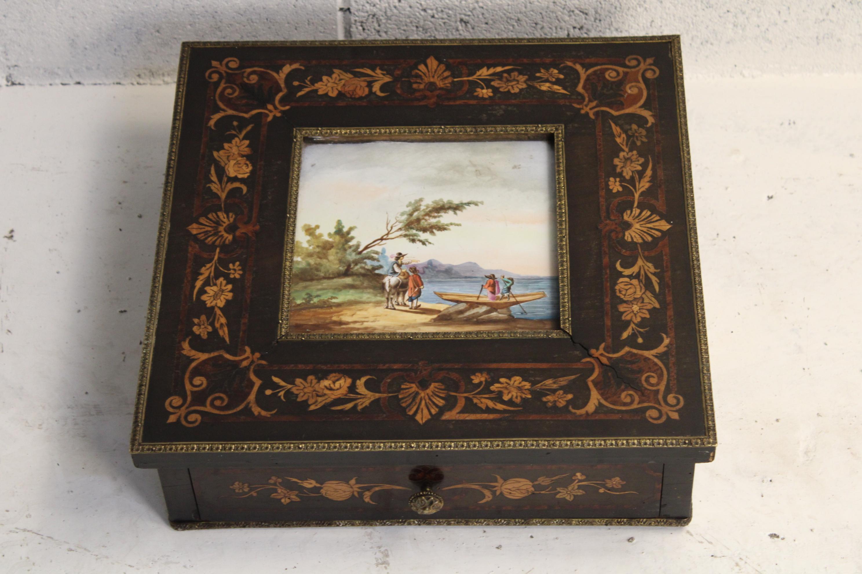 A french 19th century marquetry and painted on sevres jewelery box circa 1830s France
magnificent piece of art 
has been stand in exhibition of parma / Italy in 2021. in big remarkable dimension