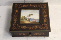 19th Century Big Dimension Marquetry and ceramic Painted Jewelery Box