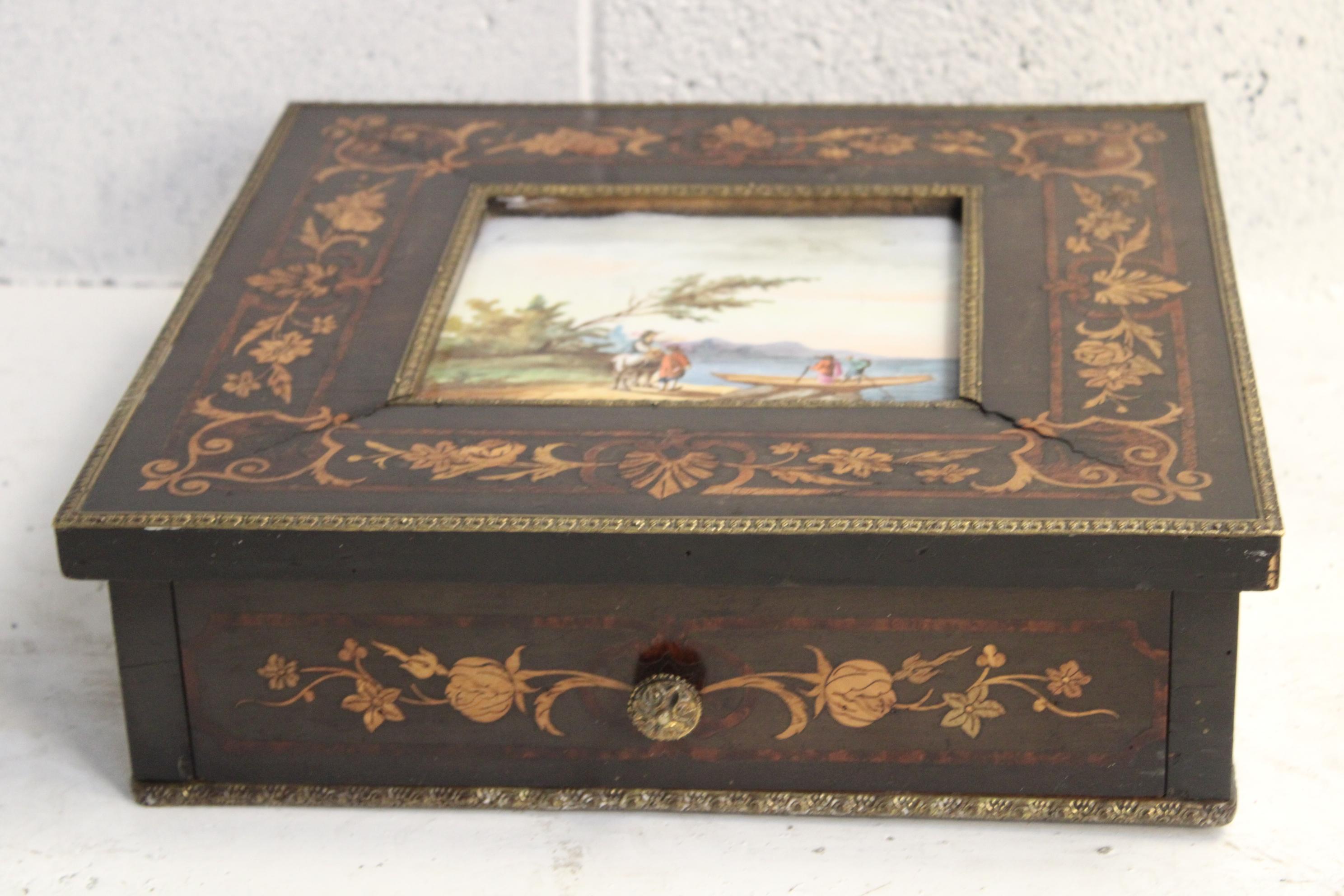 Empire 19th Century Big Dimension Marquetry and ceramic Painted Jewelery Box 