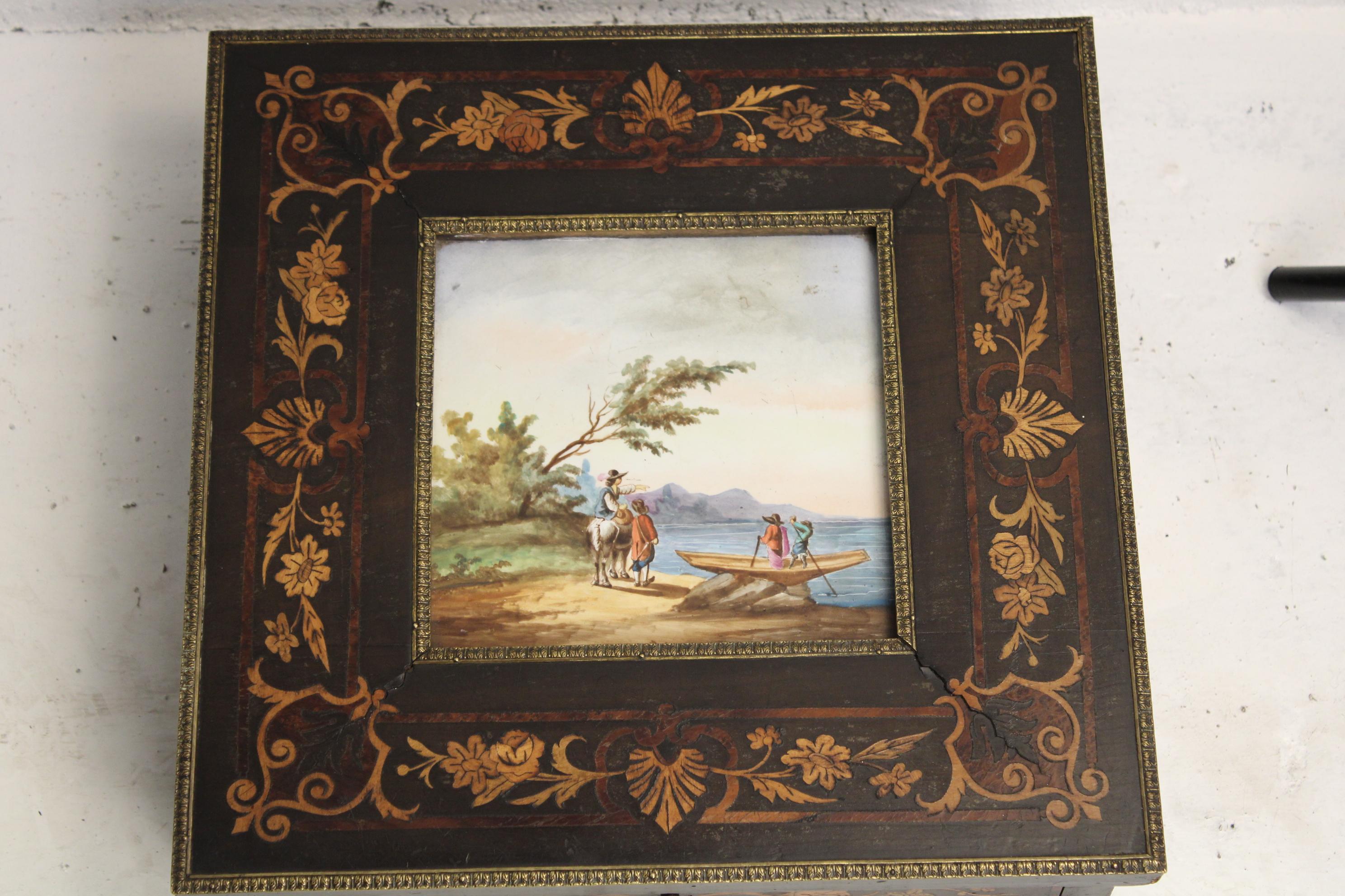 French 19th Century Big Dimension Marquetry and ceramic Painted Jewelery Box 