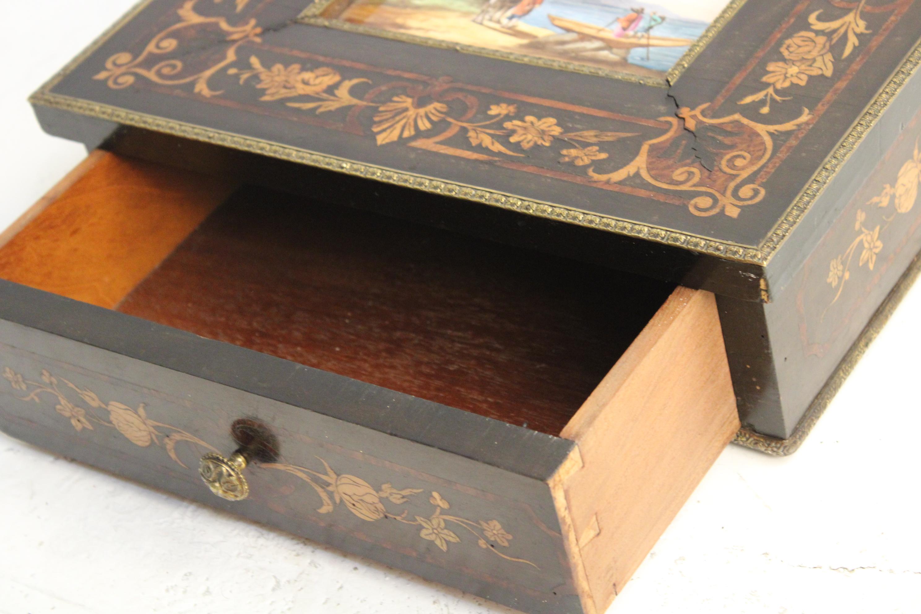 Inlay 19th Century Big Dimension Marquetry and ceramic Painted Jewelery Box 