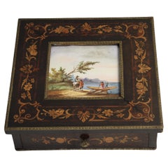19th Century Big Dimension Marquetry and ceramic Painted Jewelery Box 