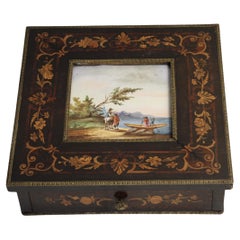19th Century Big Dimension Marquetry and ceramic Painted Jewelery Box