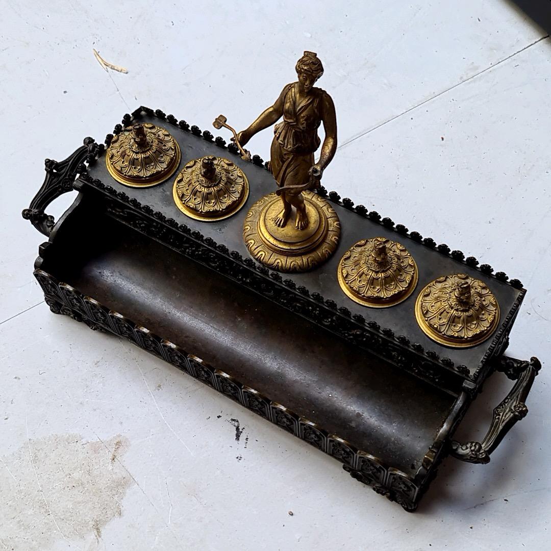 Patinated French 19th Century Neogothic Inkwell