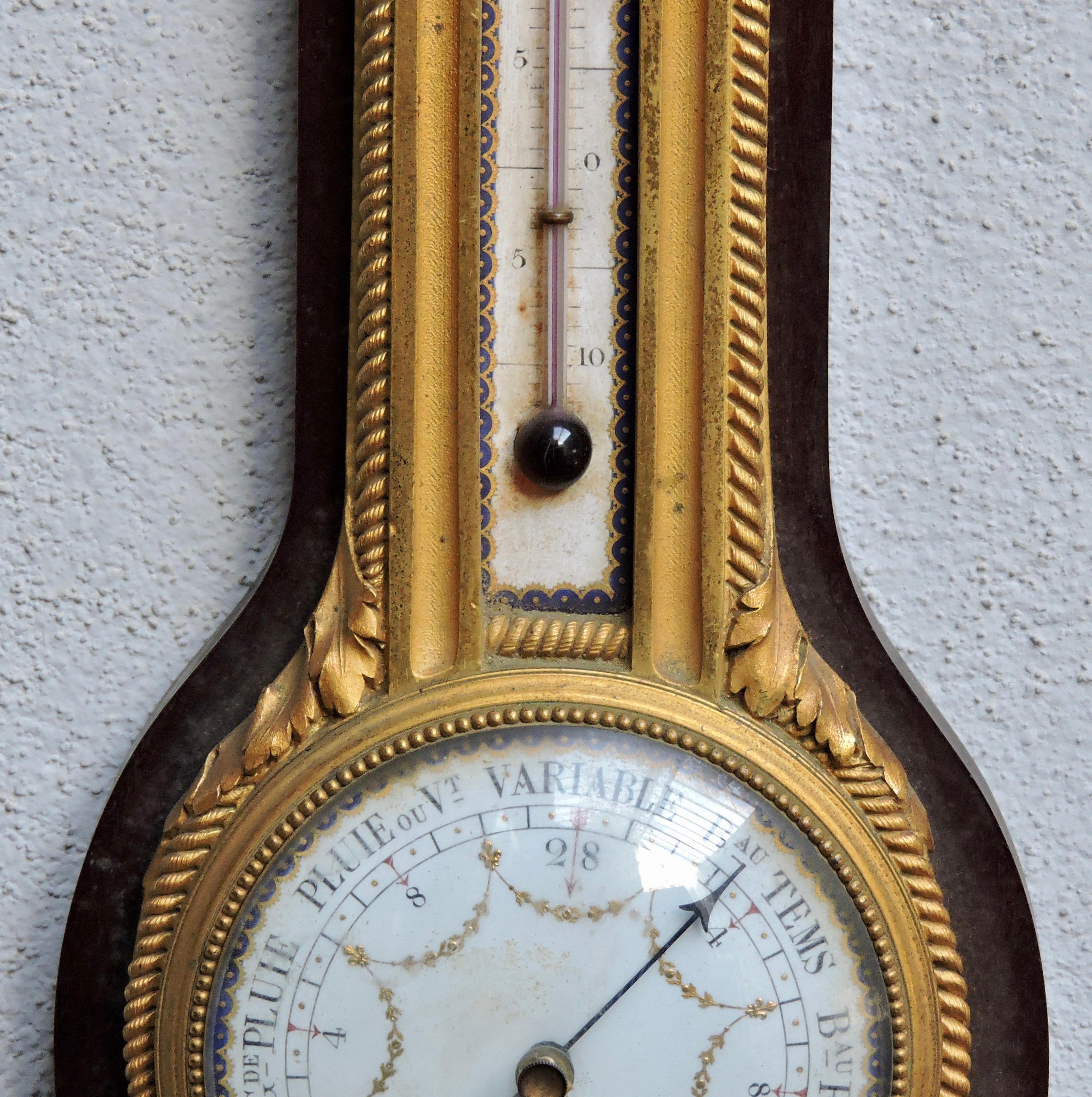 Enameled French 19th Century Ormolu Barometer and Thermometer by Henry Dasson