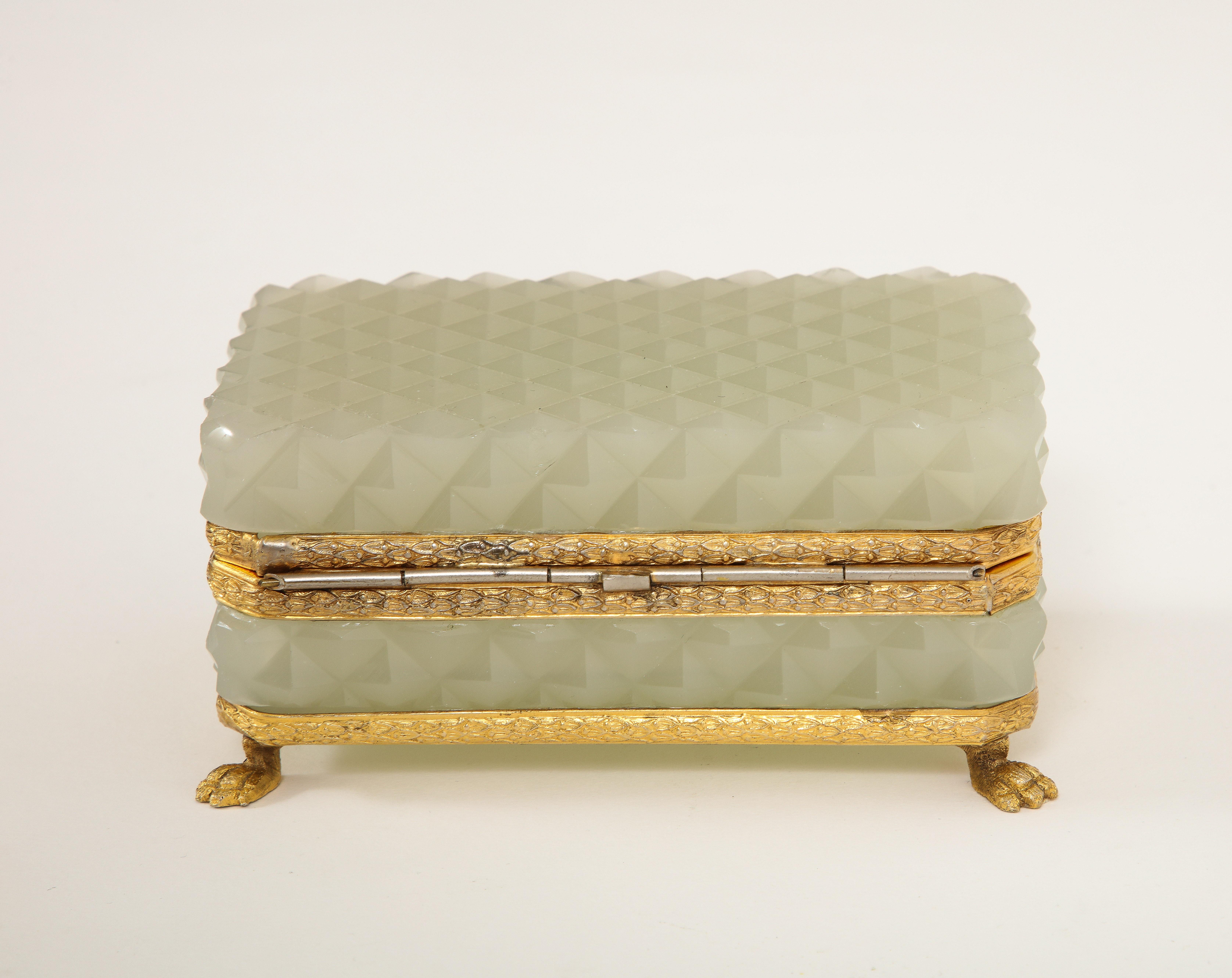 Hand-Carved French 19th Century Ormolu Mounted and Footed Cream Opaline Crystal Box For Sale