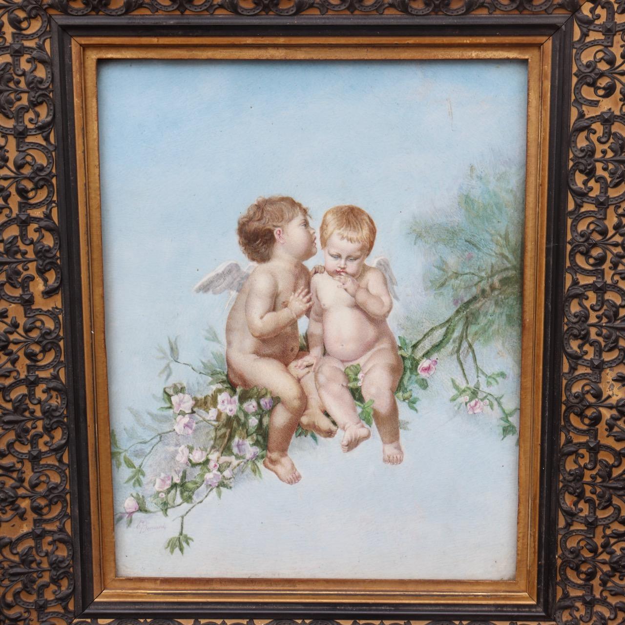 A French 19th Century hand painted polychromed Pair of Porcelain Plaques 

One Representing two Putti in the clouds, among one is hitting the Arrow of Love
After the painting by Adolphe-William Bouguereau (1825-1905), “L’Amour Vainqueur”

The
