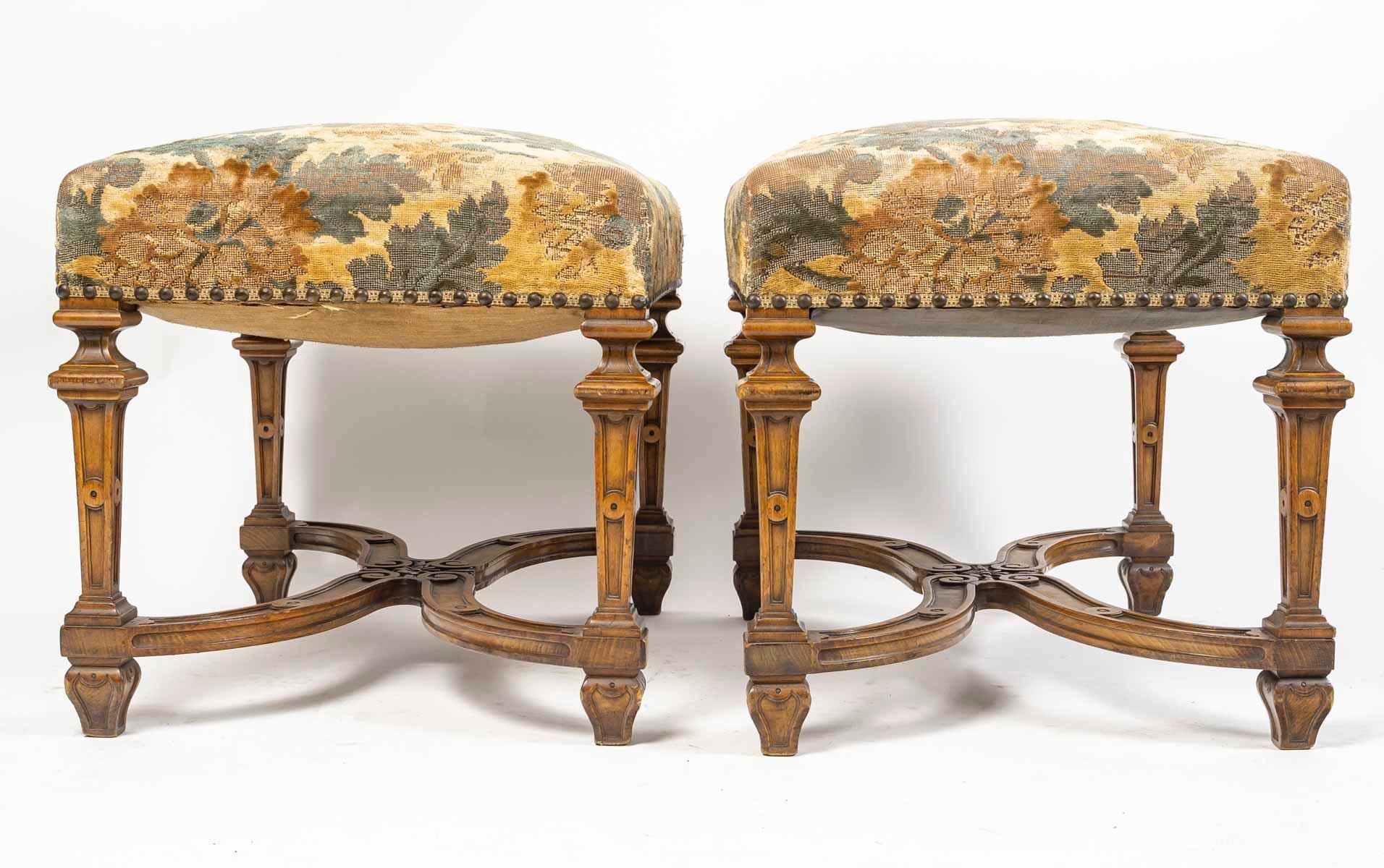 Hand-Carved A French 19th Century Pair of Louis XIV Style Stools For Sale