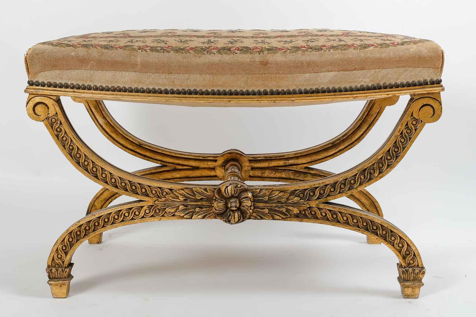 Gilt A French 19th Century Pair of Louis XVI Style Large Curule Stools  For Sale