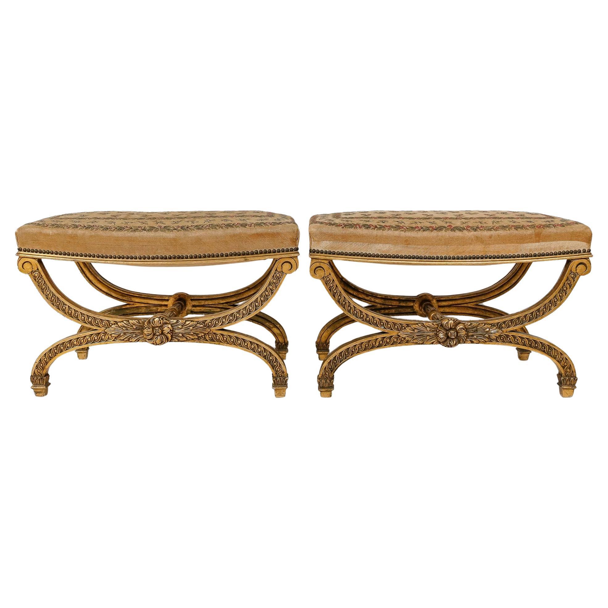 A French 19th Century Pair of Louis XVI Style Large Curule Stools  For Sale