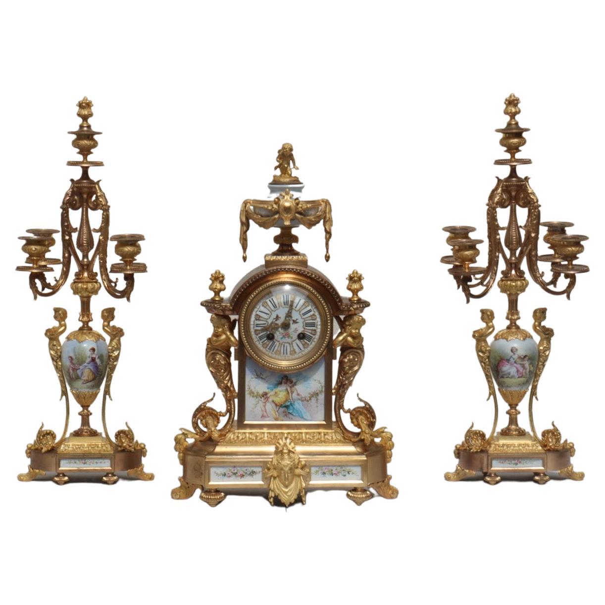 French 19th Century Three-Piece Sèvres Porcelain Garniture Clock For Sale