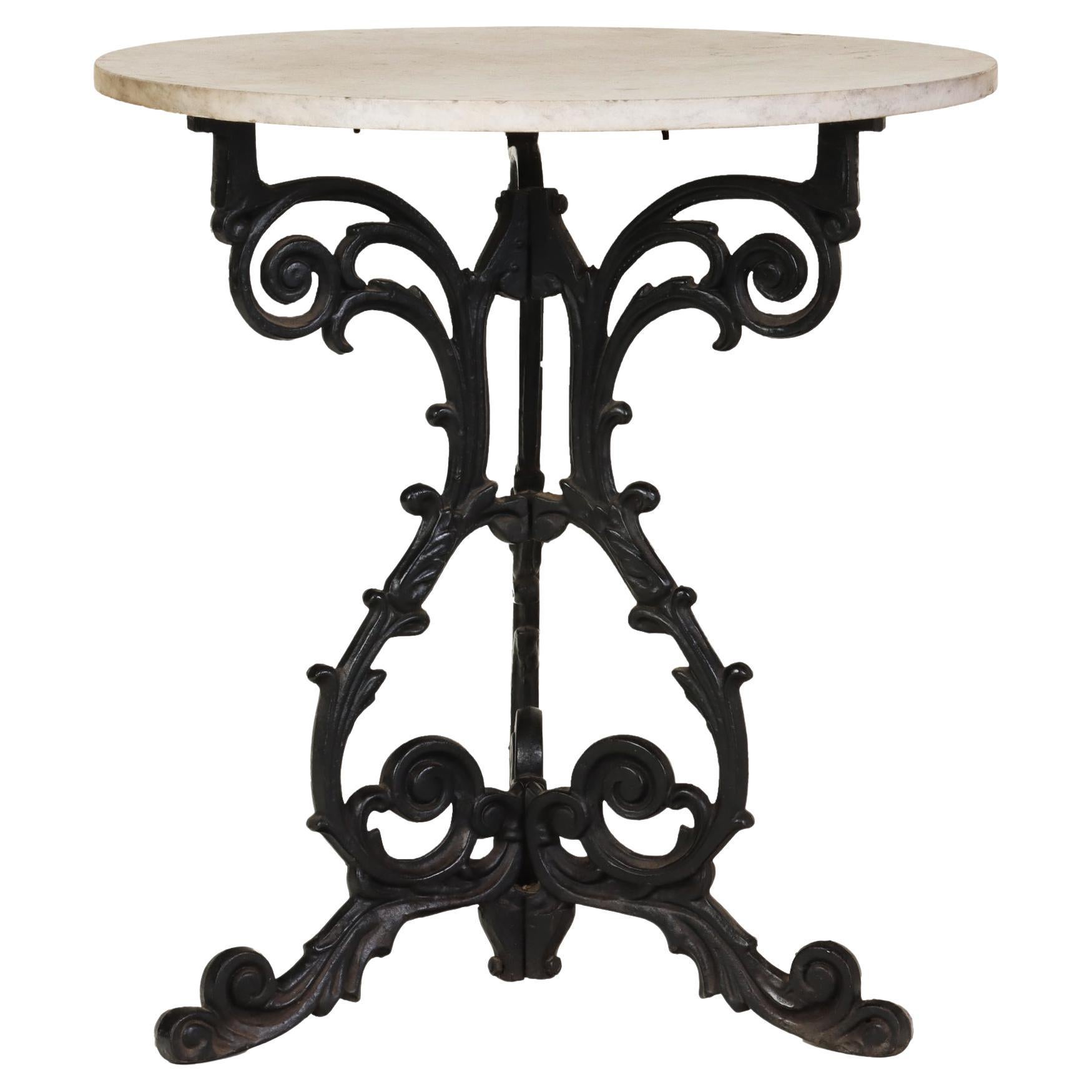 French 19thC Cast Iron Bistro Table with White Marble Top