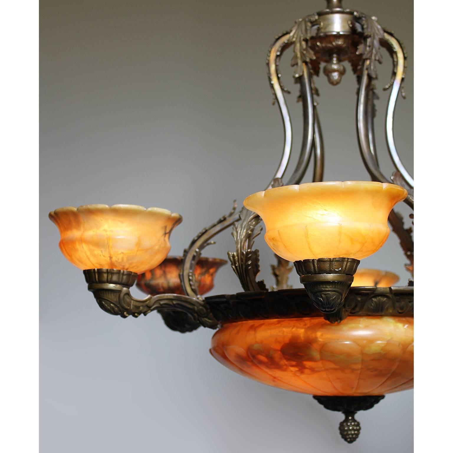 Carved French 20th Century Art Deco Silvered Bronze and Alabaster Six-Light Chandelier For Sale