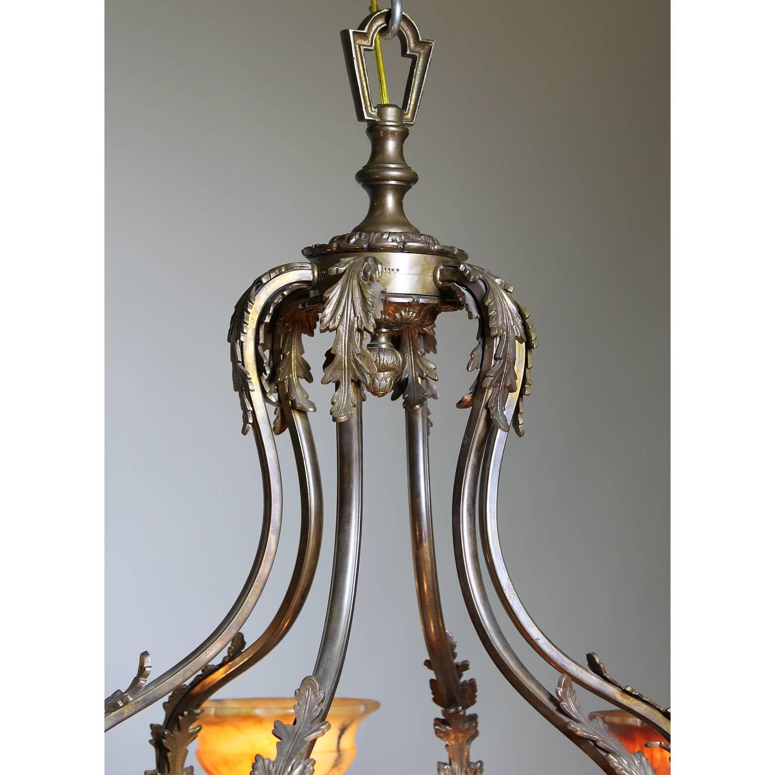 French 20th Century Art Deco Silvered Bronze and Alabaster Six-Light Chandelier In Good Condition For Sale In Los Angeles, CA