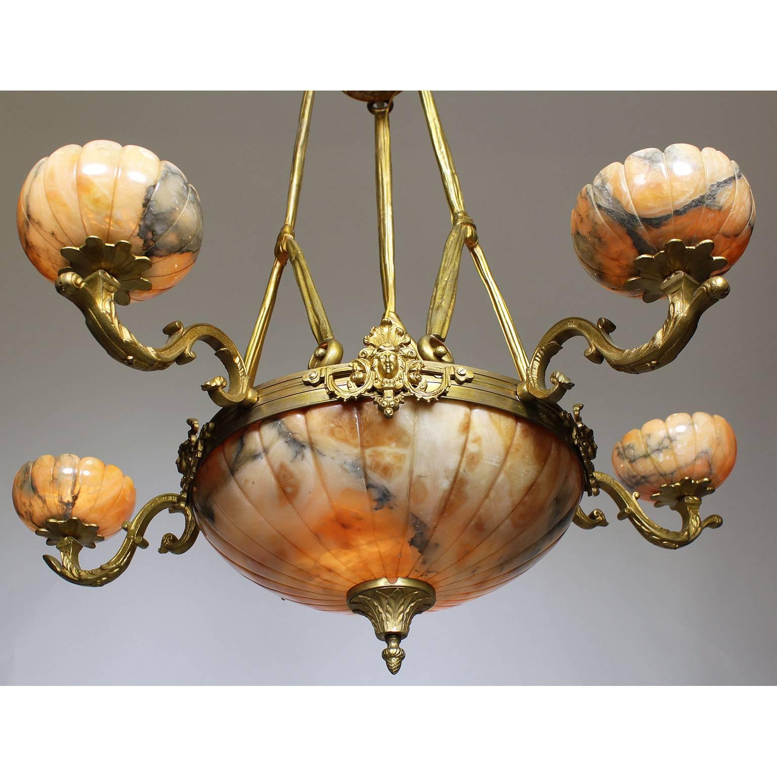 French 20th Century Art Deco Style Bronze and Alabaster Five-Light Chandelier In Good Condition In Los Angeles, CA