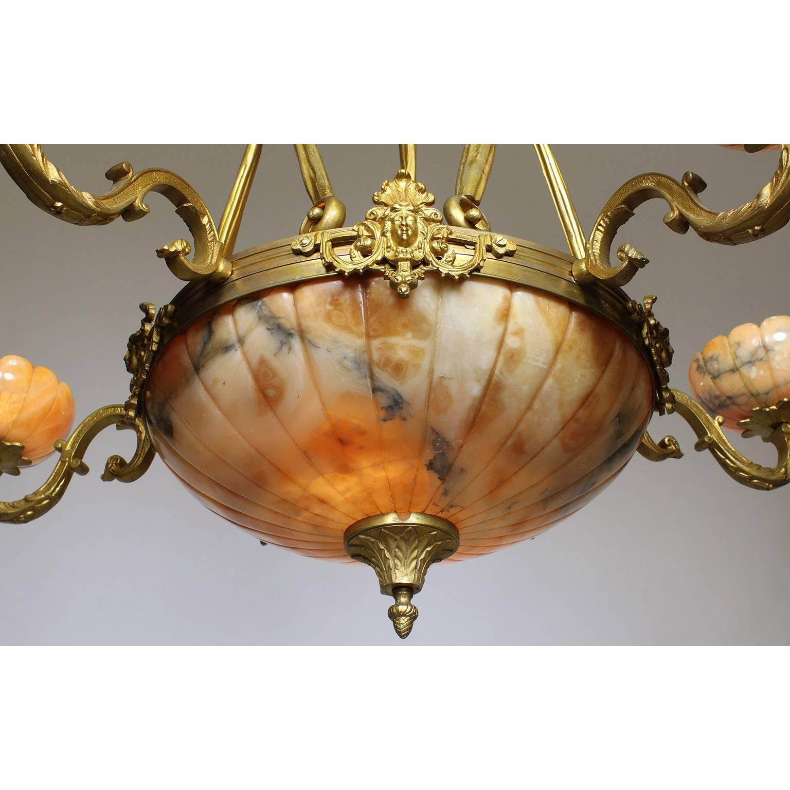 French 20th Century Art Deco Style Bronze and Alabaster Five-Light Chandelier 1
