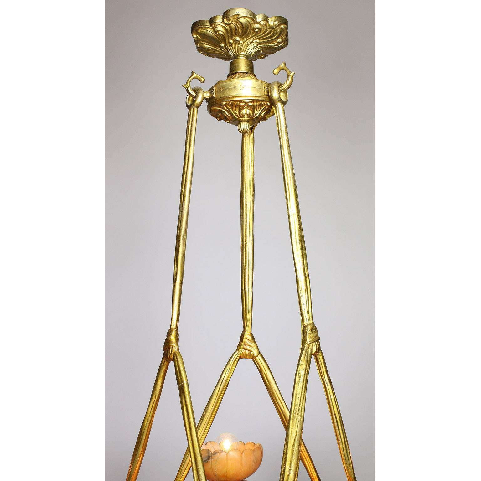 French 20th Century Art Deco Style Bronze and Alabaster Five-Light Chandelier 2