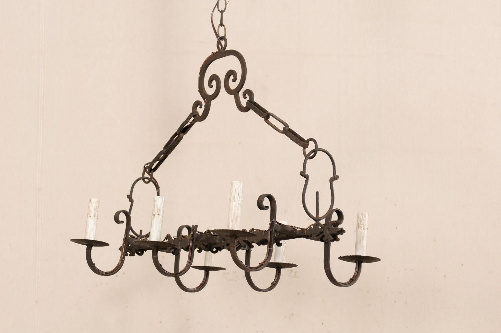 French Rectangular Six-Light Iron Chandelier w/C-Scroll Accent, Rewired for US In Good Condition For Sale In Atlanta, GA