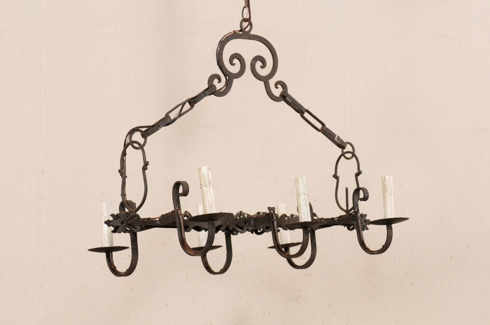 20th Century French Rectangular Six-Light Iron Chandelier w/C-Scroll Accent, Rewired for US For Sale