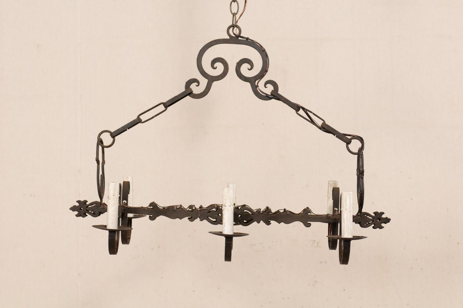 French Rectangular Six-Light Iron Chandelier w/C-Scroll Accent, Rewired for US For Sale 1