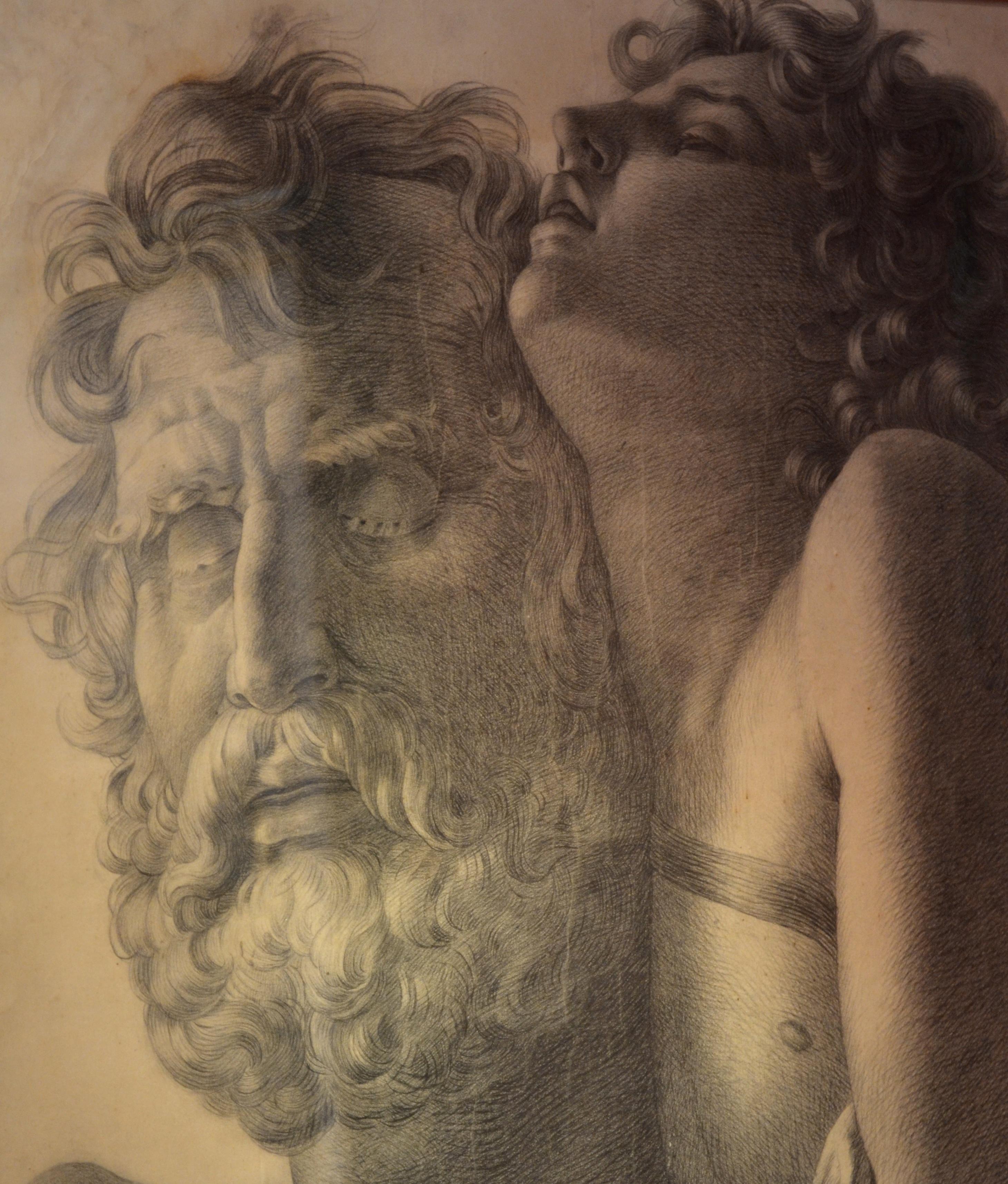 Pencil on paper drawing after a late 18th century French neoclassical painting after a painting of Belisarius by Baron Francois Pasal Simon Gerard now hanging at the Getty Museum in California. illegibly signed; presented in a 19th century gilt