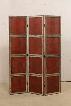 French Accordion Style Folding Screen, Textured Leather & Mirrored Glass