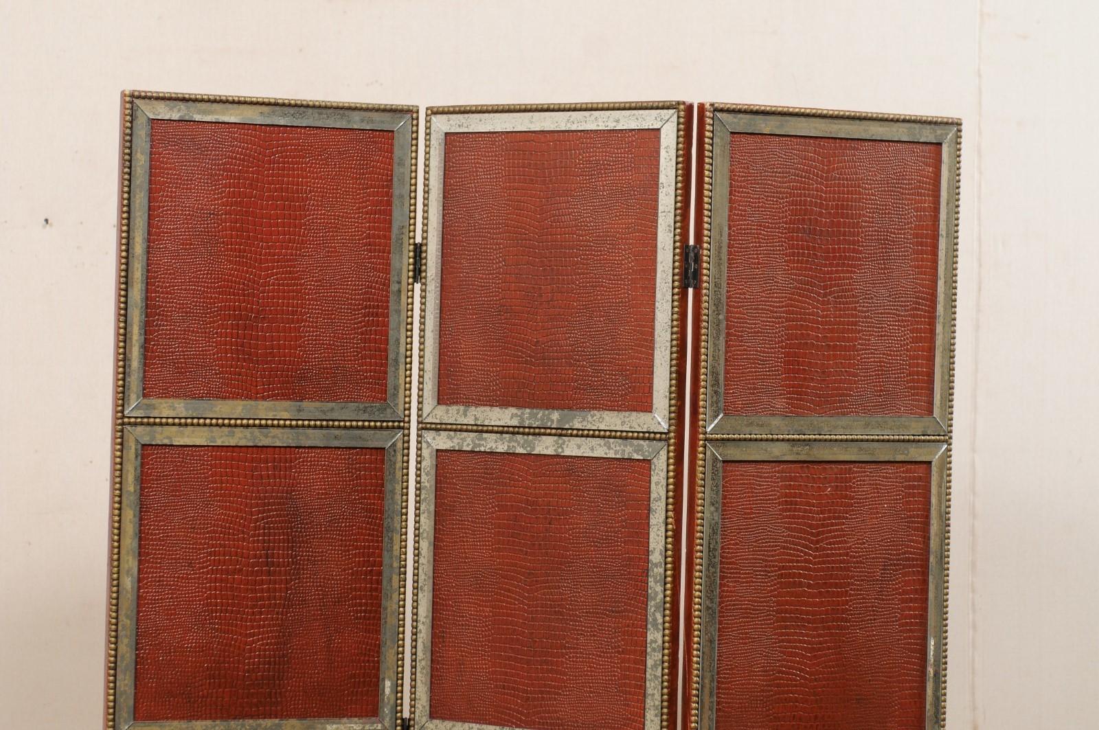French Accordion Style Folding Screen, Textured Leather & Mirrored Glass In Good Condition In Atlanta, GA