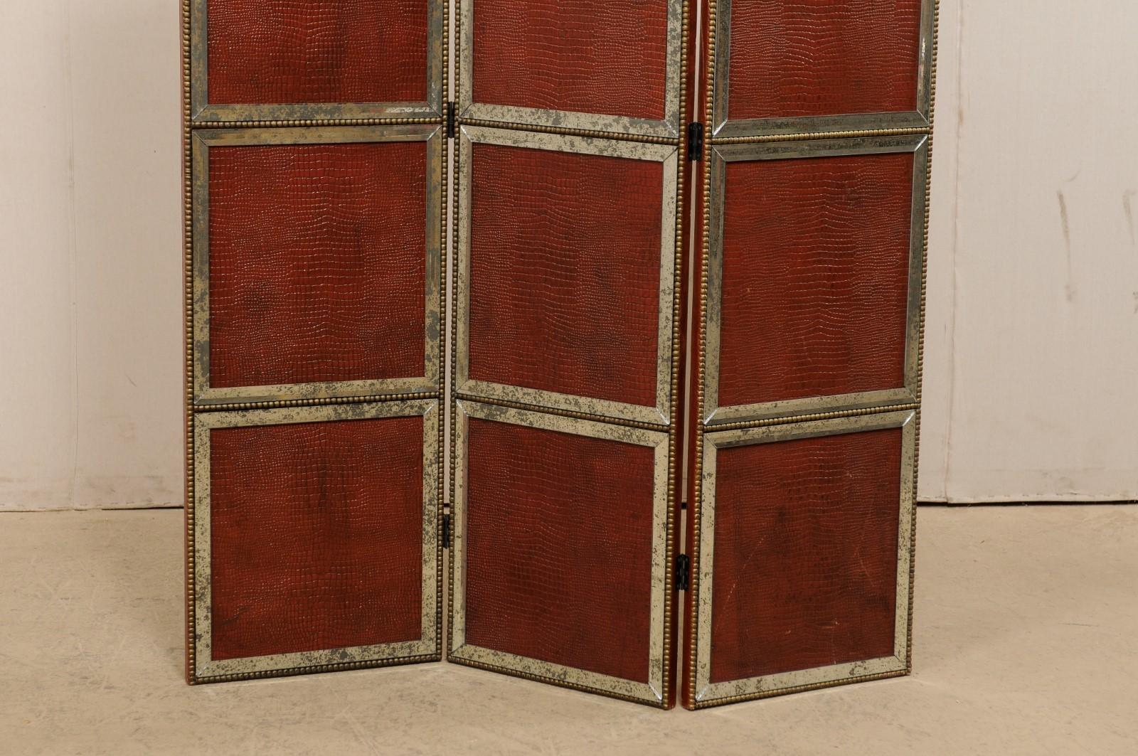 20th Century French Accordion Style Folding Screen, Textured Leather & Mirrored Glass