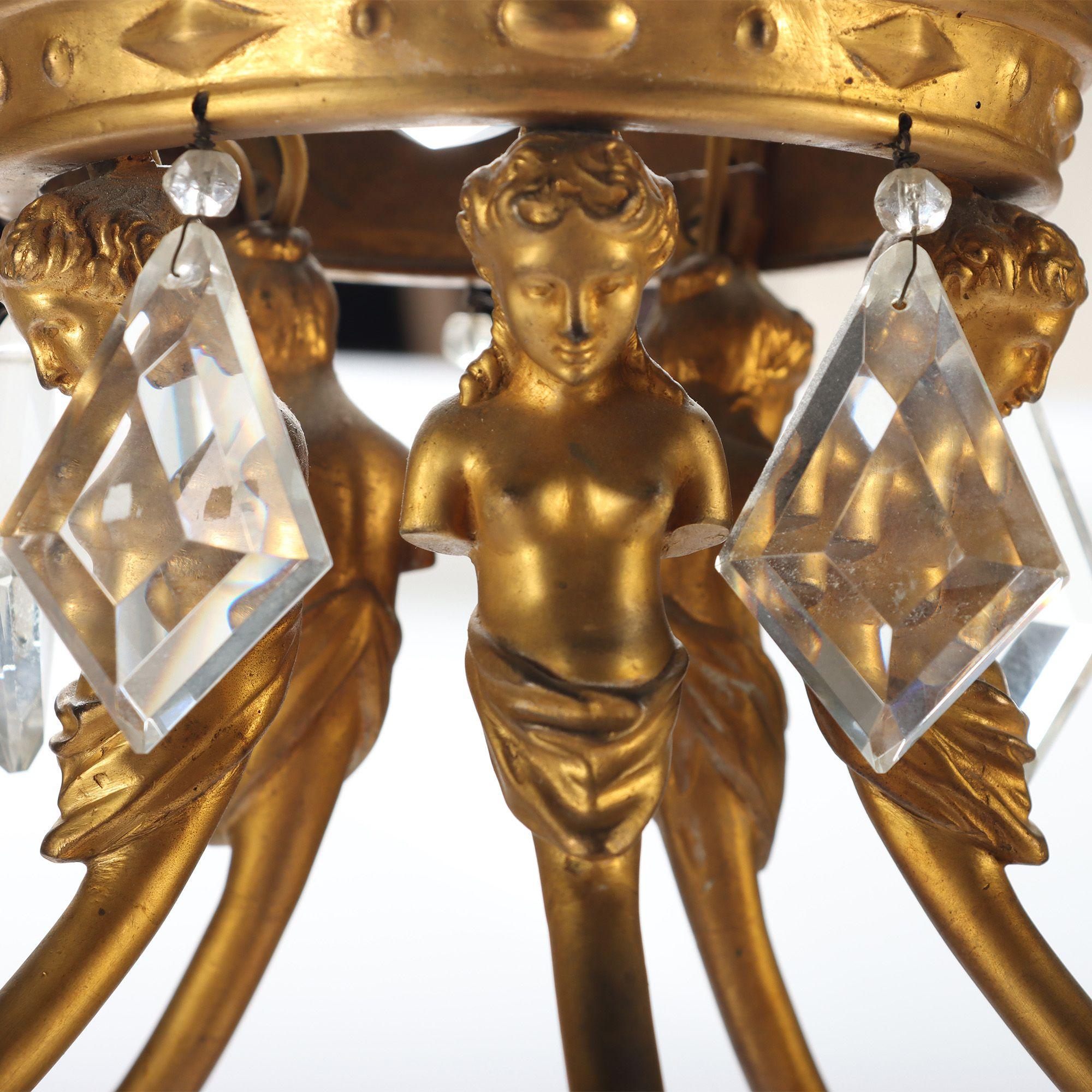 Antiker französischer 5flammiger Kronleuchter aus Bronze und Kristall im Zustand „Gut“ im Angebot in Philadelphia, PA